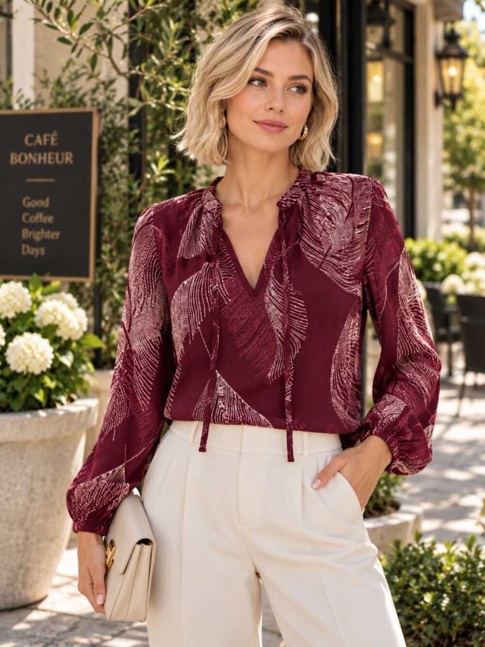 Haver & Blair Burgundy and White Patterned Blouse NWT
